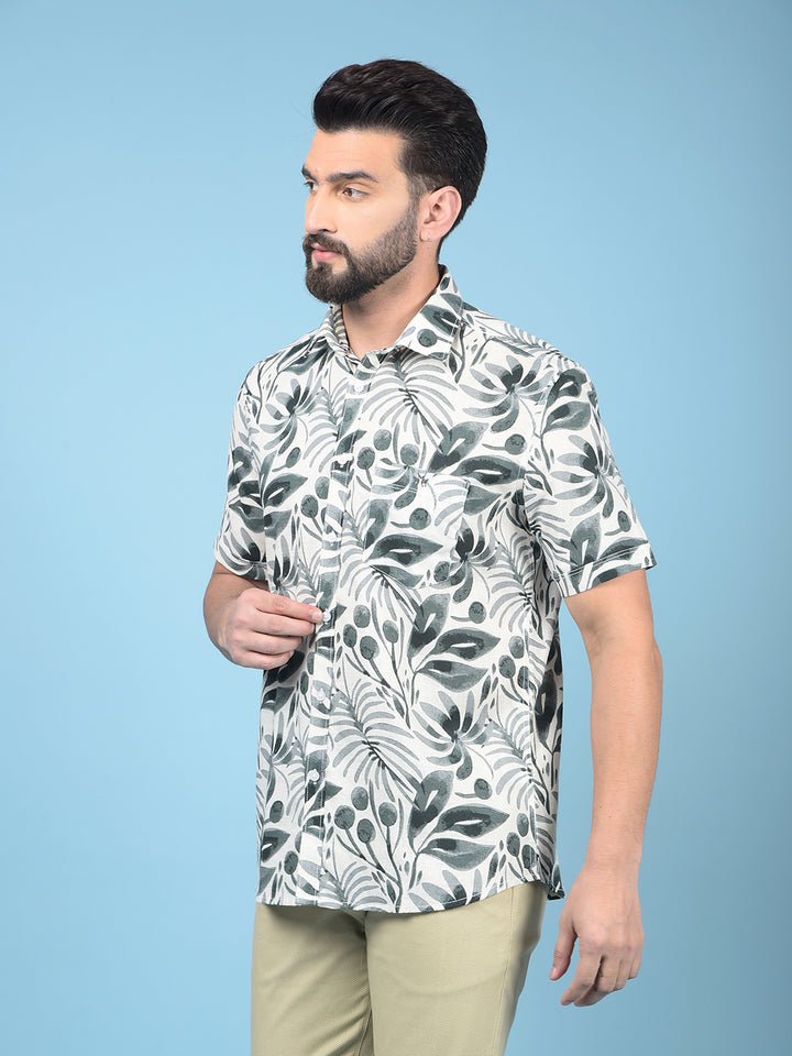 Green Floral Print Linen Shirt-Men Shirts-Crimsoune Club