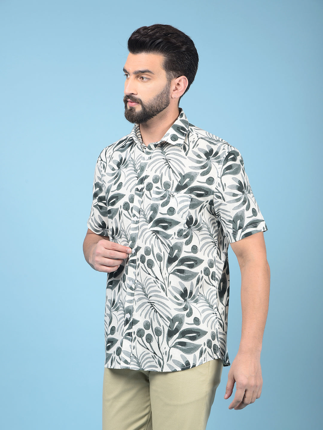 Green Floral Print Linen Shirt-Men Shirts-Crimsoune Club