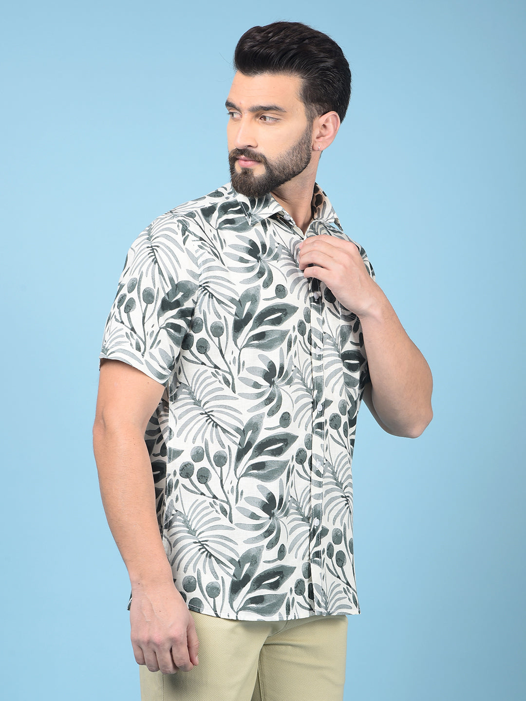 Green Floral Print Linen Shirt-Men Shirts-Crimsoune Club