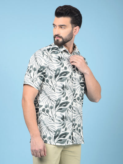 Green Floral Print Linen Shirt-Men Shirts-Crimsoune Club