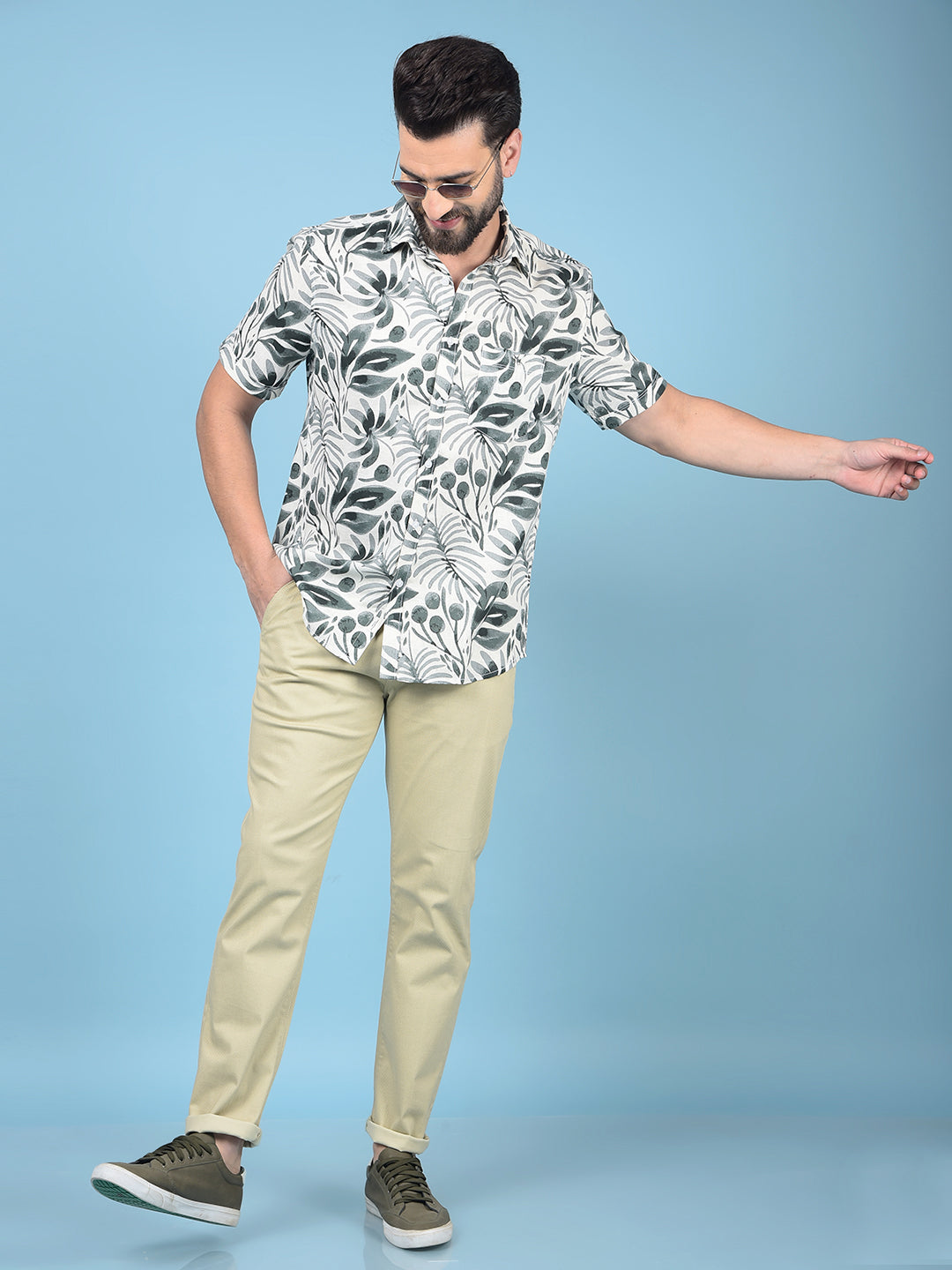 Green Floral Print Linen Shirt-Men Shirts-Crimsoune Club