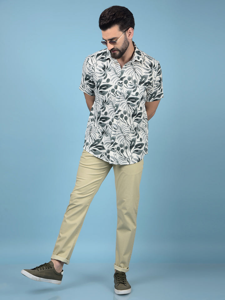 Green Floral Print Linen Shirt-Men Shirts-Crimsoune Club