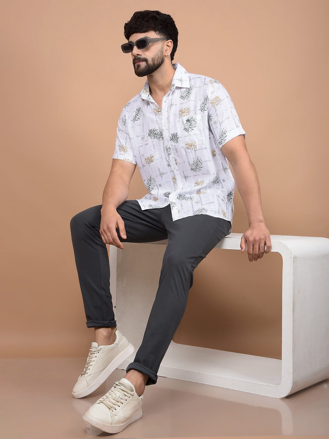 White Floral Print Shirt-Men Shirts-Crimsoune Club