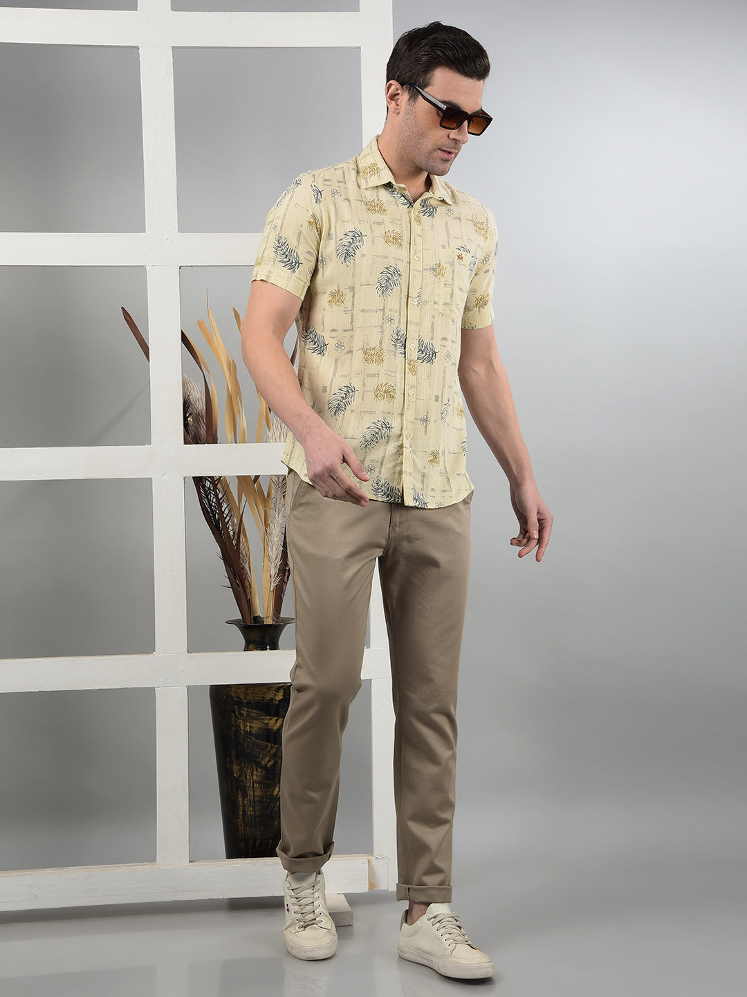 Beige Floral Print Shirt-Men Shirts-Crimsoune Club