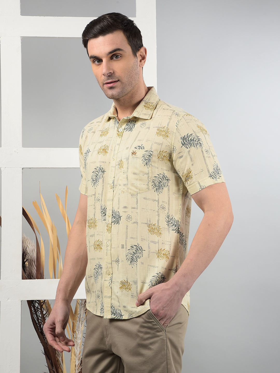 Beige Floral Print Shirt-Men Shirts-Crimsoune Club