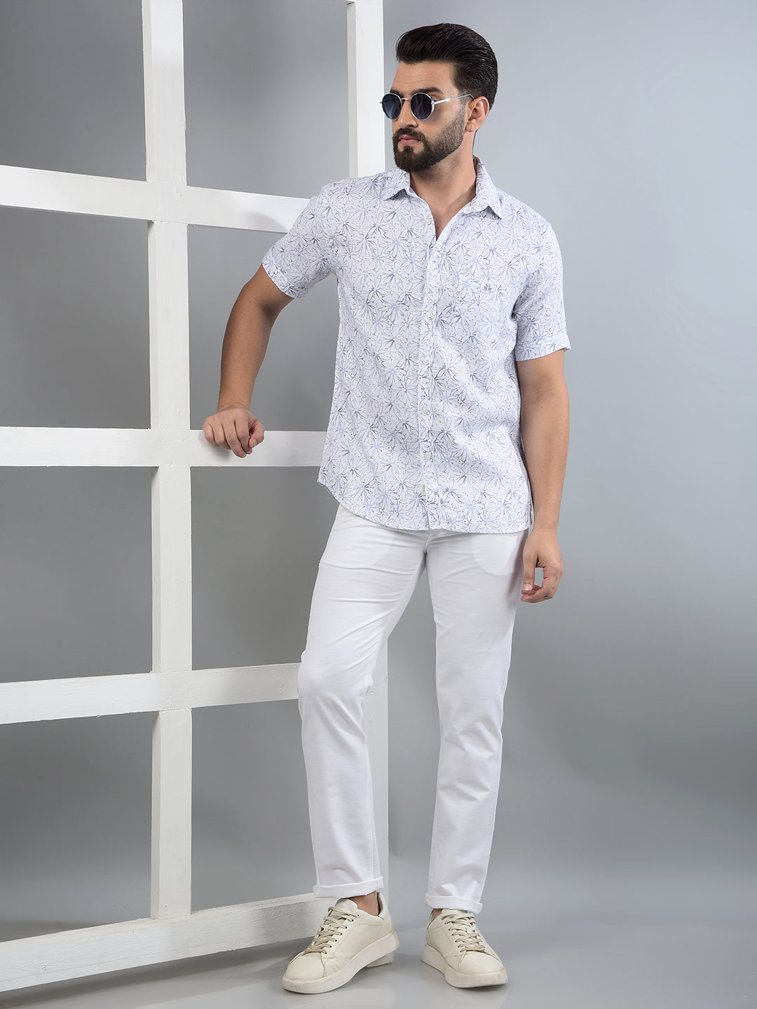 Purple Floral Print 100% Cotton Knitted Shirt-Men Shirts-Crimsoune Club