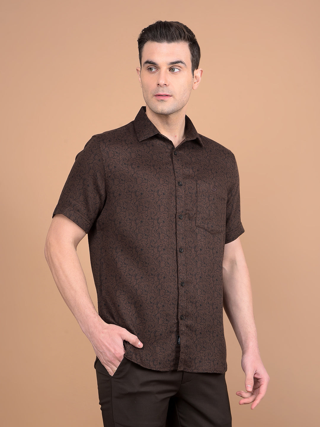 Brown Floral Print 100% Cotton Shirt-Men Shirts-Crimsoune Club