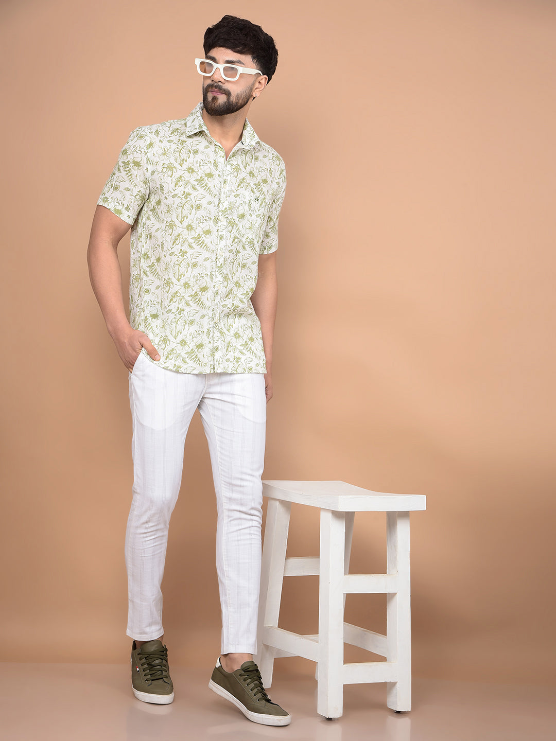 Green Floral Print Linen Shirt-Men Shirts-Crimsoune Club