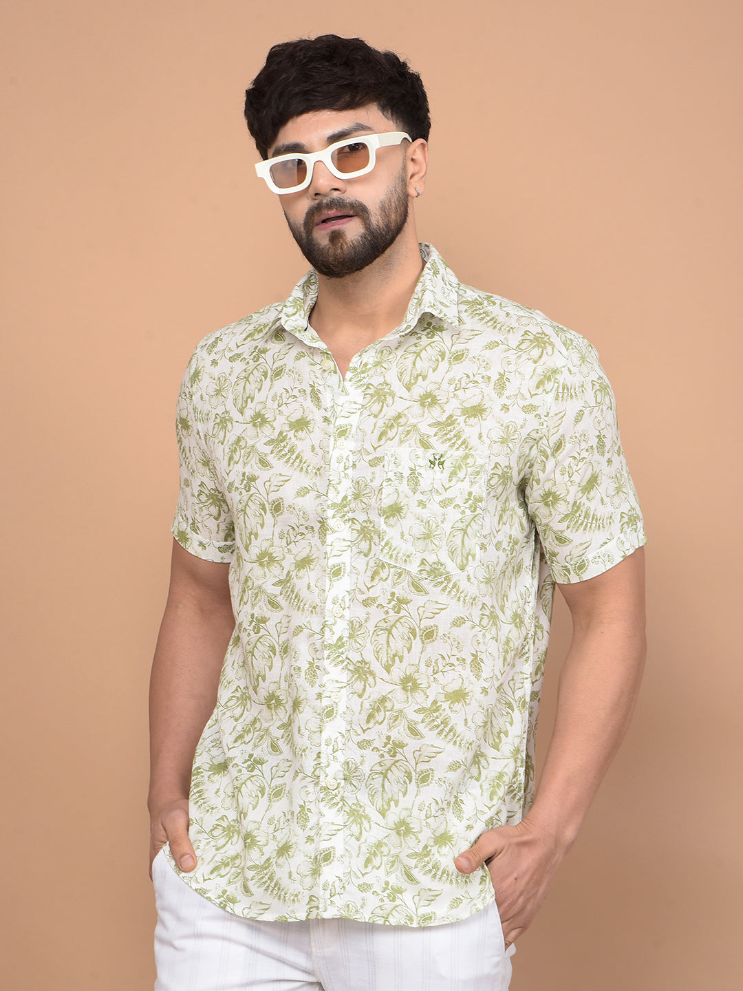 Green Floral Print Linen Shirt-Men Shirts-Crimsoune Club