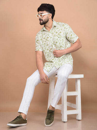 Green Floral Print Linen Shirt-Men Shirts-Crimsoune Club