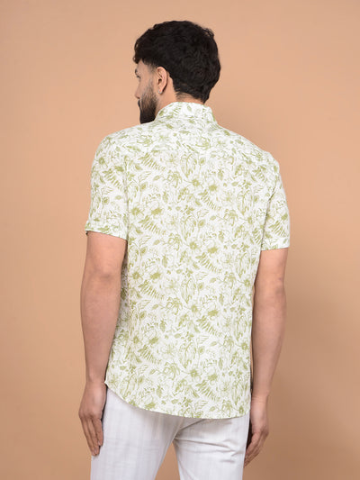 Green Floral Print Linen Shirt-Men Shirts-Crimsoune Club