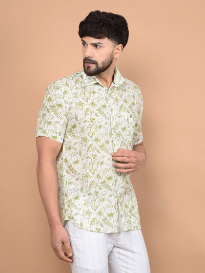 Green Floral Print Linen Shirt-Men Shirts-Crimsoune Club