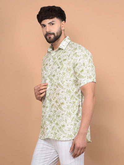 Green Floral Print Linen Shirt-Men Shirts-Crimsoune Club