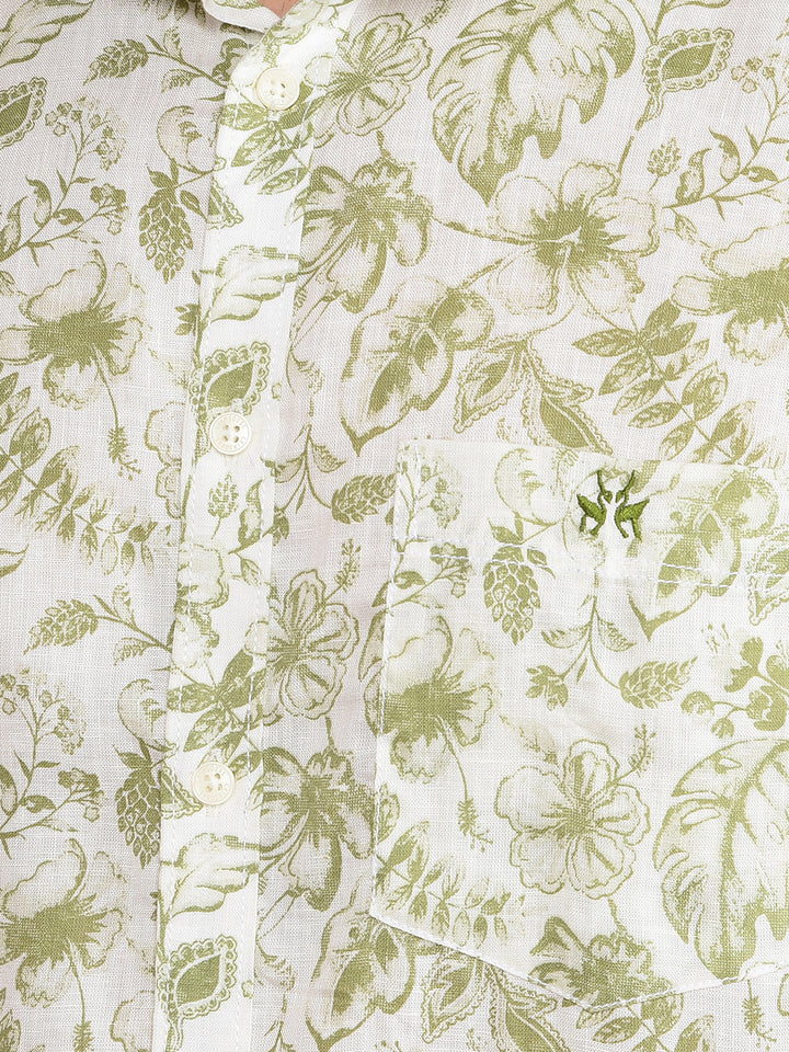 Green Floral Print Linen Shirt-Men Shirts-Crimsoune Club