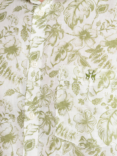 Green Floral Print Linen Shirt-Men Shirts-Crimsoune Club