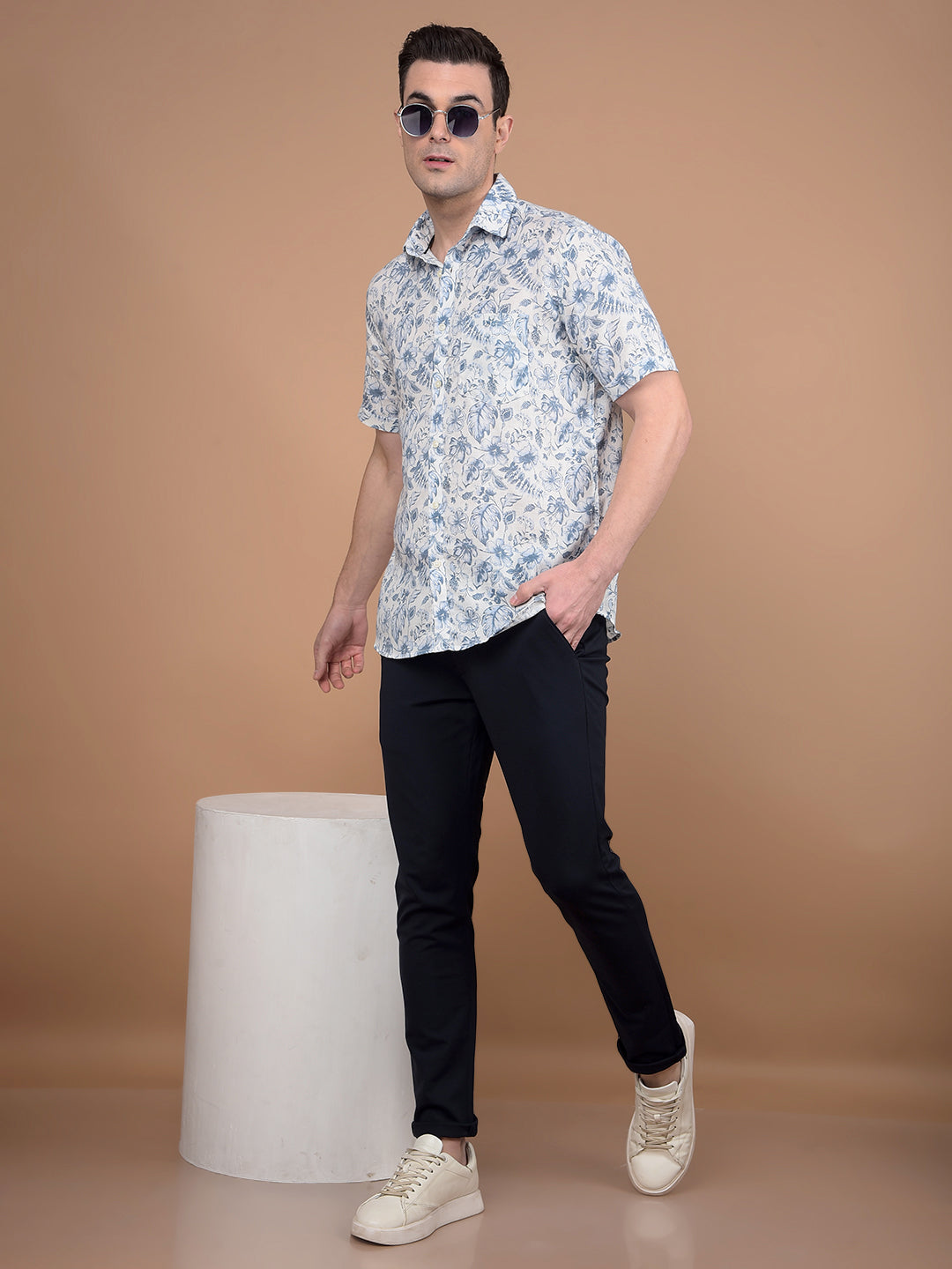 Blue Floral Print Linen Shirt-Men Shirts-Crimsoune Club