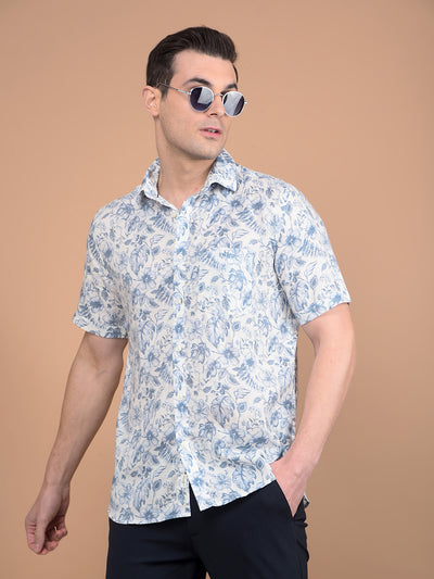 Blue Floral Print Linen Shirt-Men Shirts-Crimsoune Club