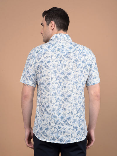 Blue Floral Print Linen Shirt-Men Shirts-Crimsoune Club