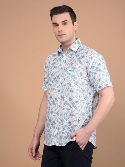 Blue Floral Print Linen Shirt-Men Shirts-Crimsoune Club