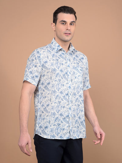 Blue Floral Print Linen Shirt-Men Shirts-Crimsoune Club