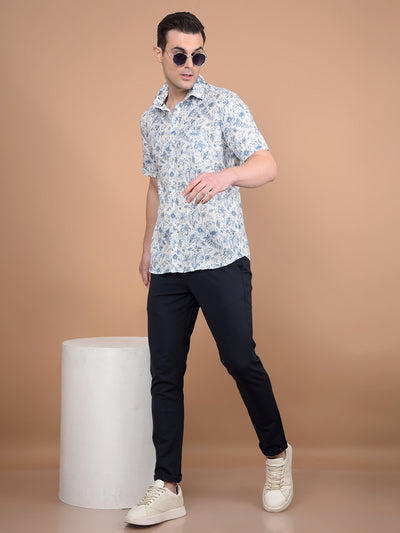 Blue Floral Print Linen Shirt-Men Shirts-Crimsoune Club