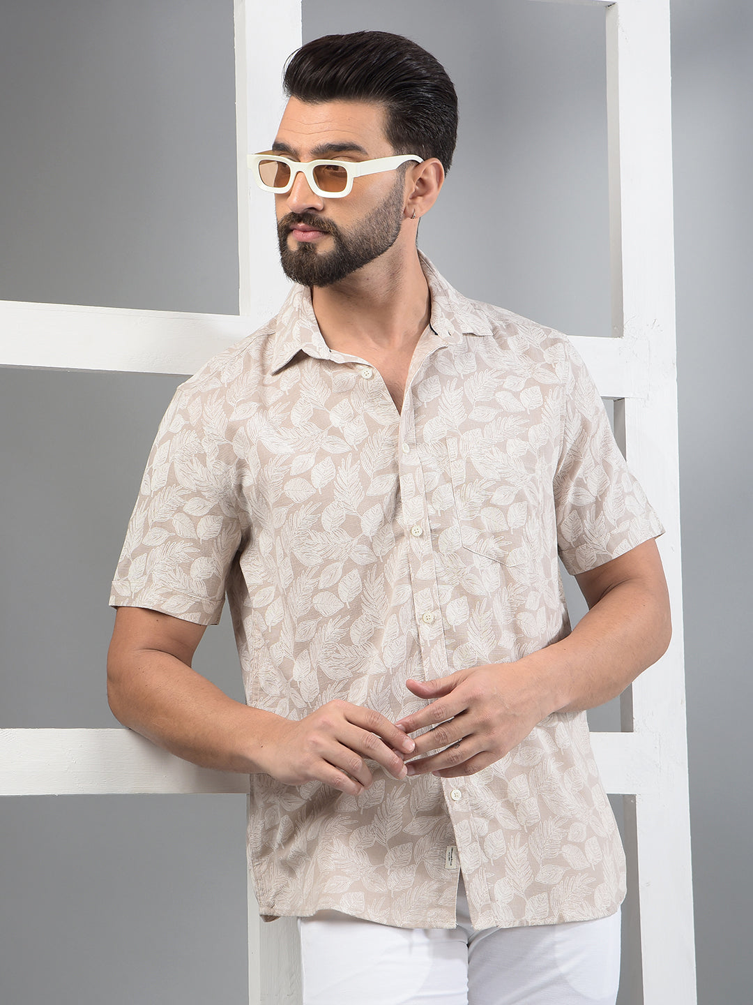 Beige Floral Print Linen Shirt-Men Shirts-Crimsoune Club