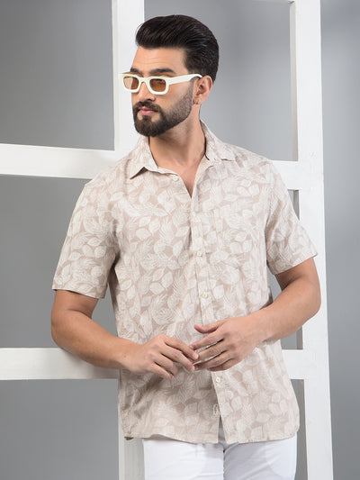 Beige Floral Print Linen Shirt-Men Shirts-Crimsoune Club