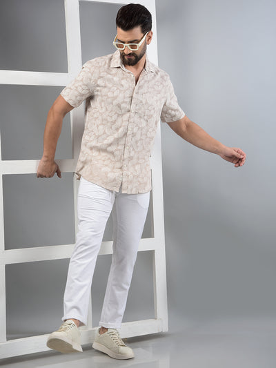 Beige Floral Print Linen Shirt-Men Shirts-Crimsoune Club