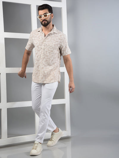 Beige Floral Print Linen Shirt-Men Shirts-Crimsoune Club