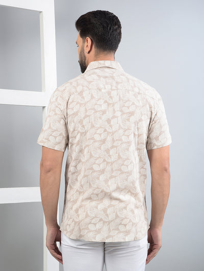 Beige Floral Print Linen Shirt-Men Shirts-Crimsoune Club