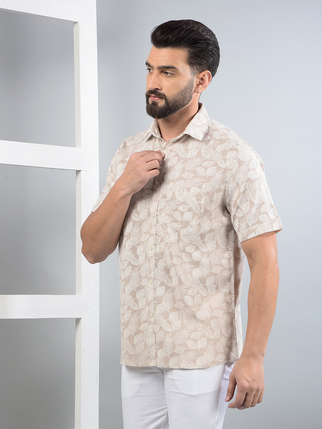 Beige Floral Print Linen Shirt-Men Shirts-Crimsoune Club