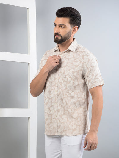 Beige Floral Print Linen Shirt-Men Shirts-Crimsoune Club