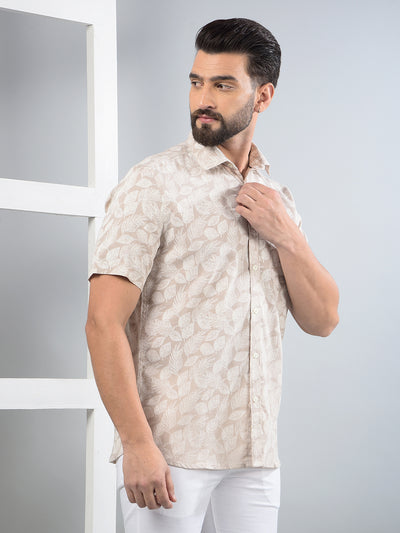Beige Floral Print Linen Shirt-Men Shirts-Crimsoune Club