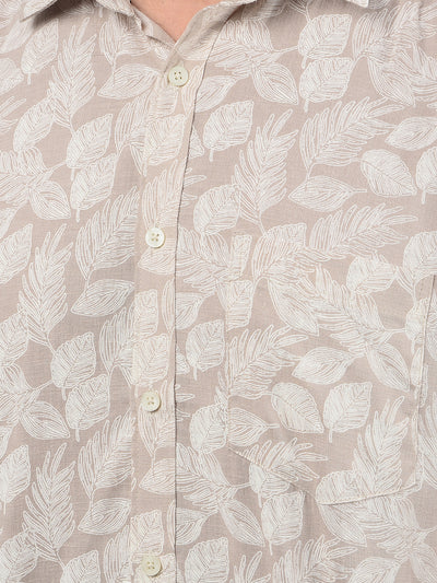 Beige Floral Print Linen Shirt-Men Shirts-Crimsoune Club