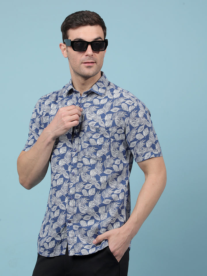 Navy Blue Floral Print Linen Shirt-Men Shirts-Crimsoune Club