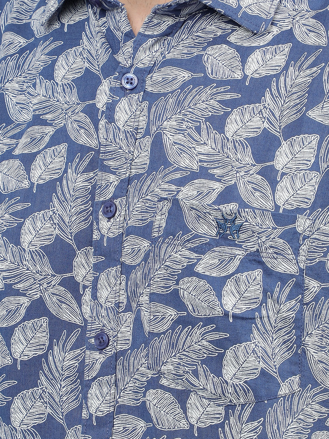 Navy Blue Floral Print Linen Shirt-Men Shirts-Crimsoune Club
