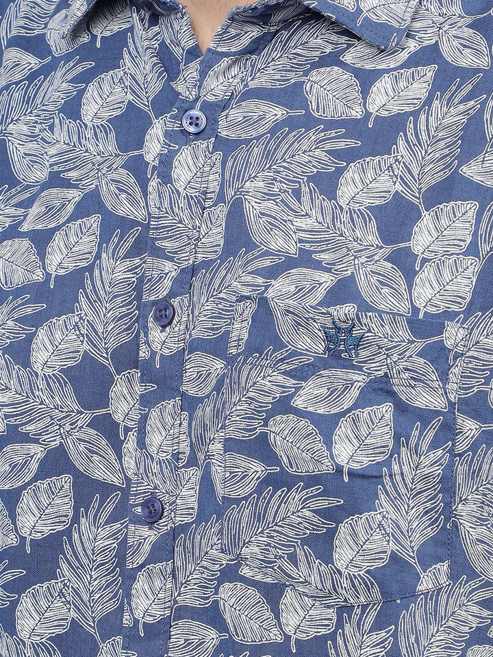 Navy Blue Floral Print Linen Shirt-Men Shirts-Crimsoune Club