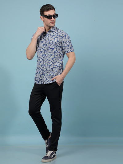 Navy Blue Floral Print Linen Shirt-Men Shirts-Crimsoune Club