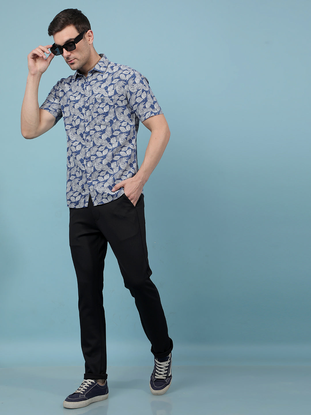 Navy Blue Floral Print Linen Shirt-Men Shirts-Crimsoune Club