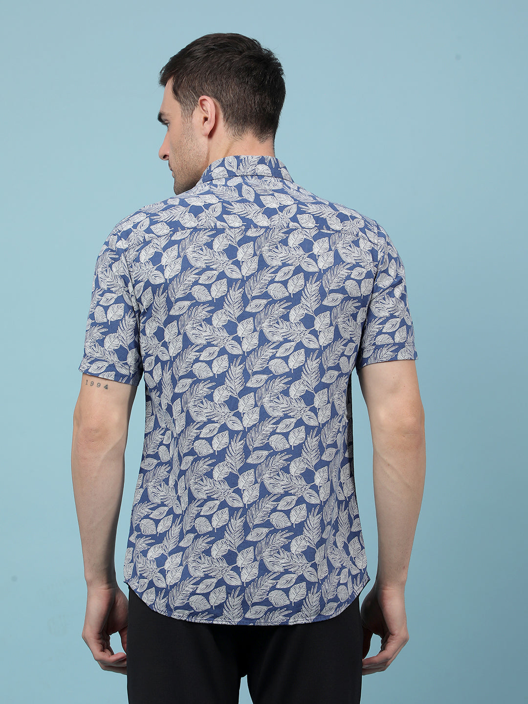 Navy Blue Floral Print Linen Shirt-Men Shirts-Crimsoune Club