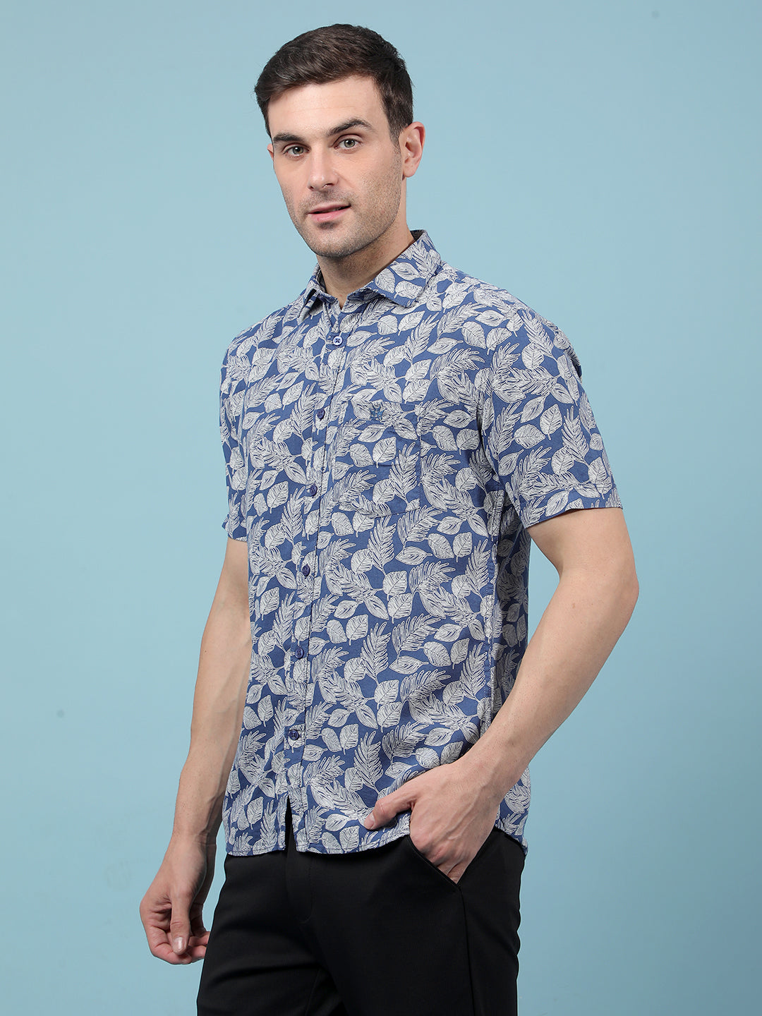 Navy Blue Floral Print Linen Shirt-Men Shirts-Crimsoune Club