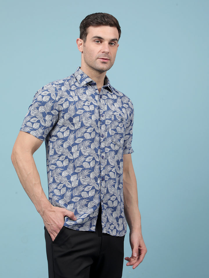 Navy Blue Floral Print Linen Shirt-Men Shirts-Crimsoune Club