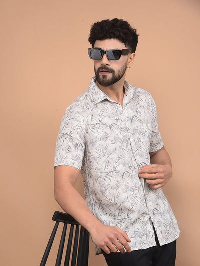 Off White Floral Print Linen Shirt-Men Shirts-Crimsoune Club