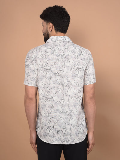 Off White Floral Print Linen Shirt-Men Shirts-Crimsoune Club