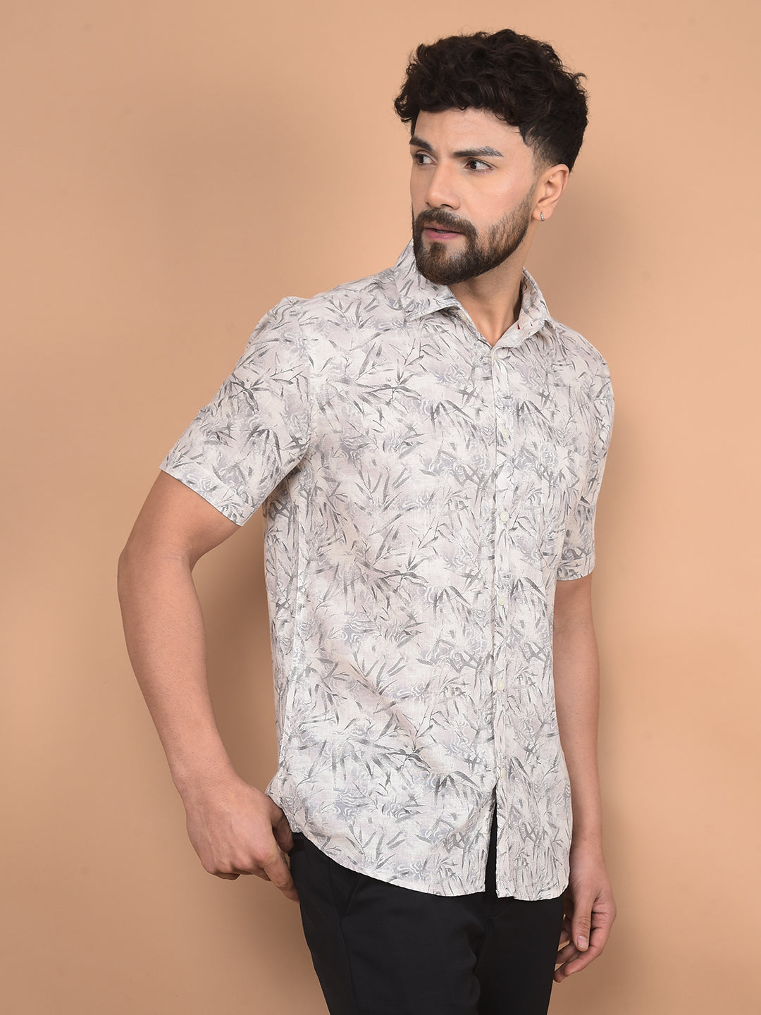 Off White Floral Print Linen Shirt-Men Shirts-Crimsoune Club