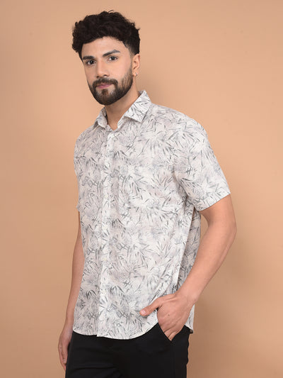 Off White Floral Print Linen Shirt-Men Shirts-Crimsoune Club