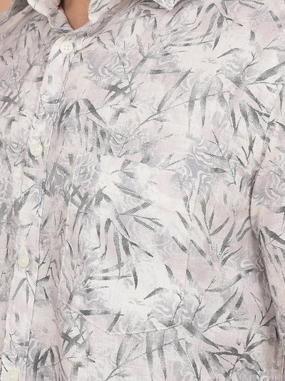 Off White Floral Print Linen Shirt-Men Shirts-Crimsoune Club