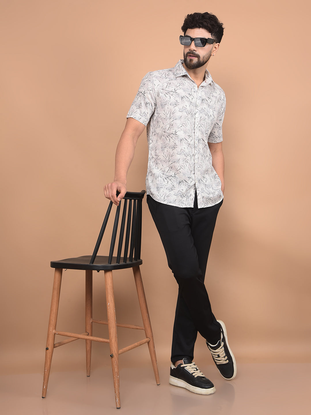 Off White Floral Print Linen Shirt-Men Shirts-Crimsoune Club