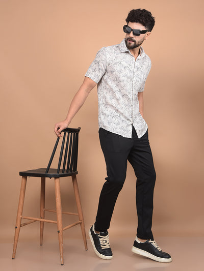 Off White Floral Print Linen Shirt-Men Shirts-Crimsoune Club