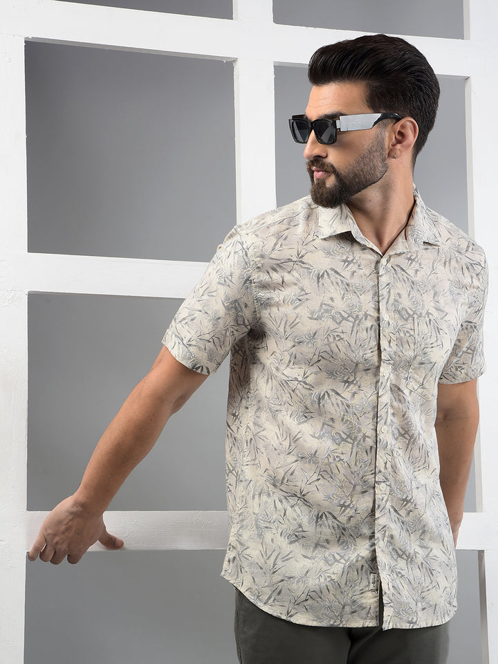 Beige Floral Print Linen Shirt-Men Shirts-Crimsoune Club